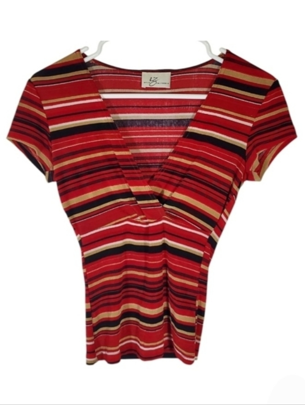 2185 * Iz Byer California Striped V Neck Slinky Top Red Size Unknown Vintage